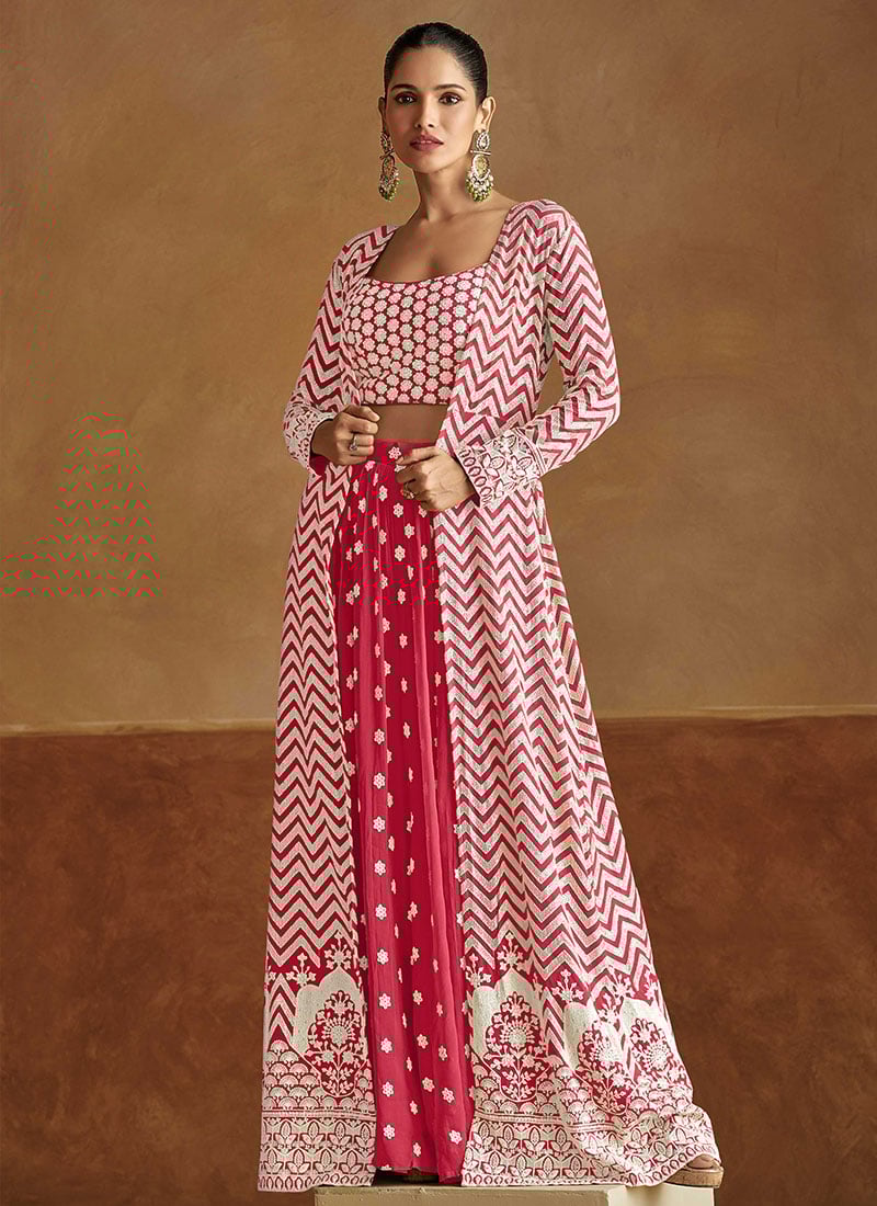 Pink Georgette Embroidered Sequins Gorgeous Indowestern Jacket Palazzo Set