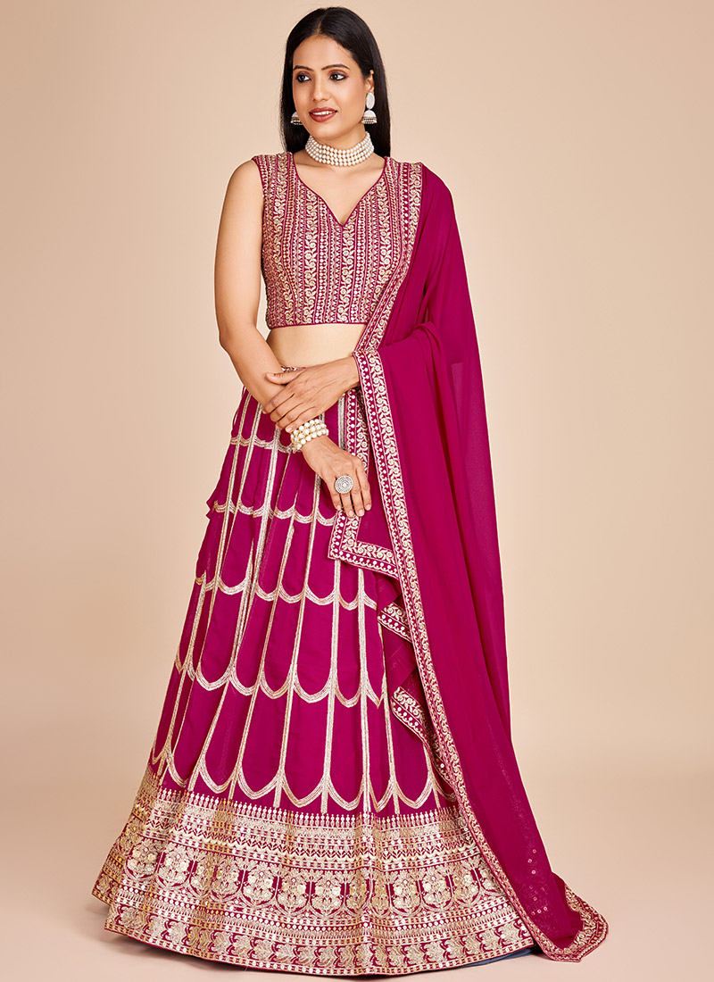 Rani Pink Georgette Embroidered Sequins Lehenga With Choli And Dupatta Party Wear