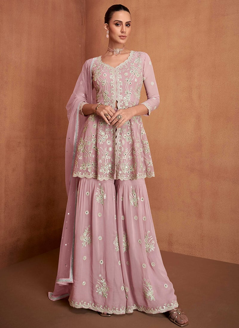 Pink Georgette Embroidered Sequins Mirror Work High Slit Sharara Suit Festive Wear