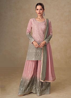 Pink Georgette Embroidered Sequins Mirror Work Pakistani Palazzo Suit