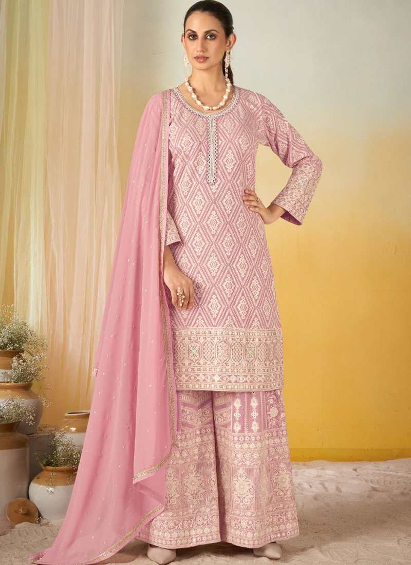 Pink Georgette Embroidered Sequins Mirror Work Thread Palazzo Suit Festive Wear