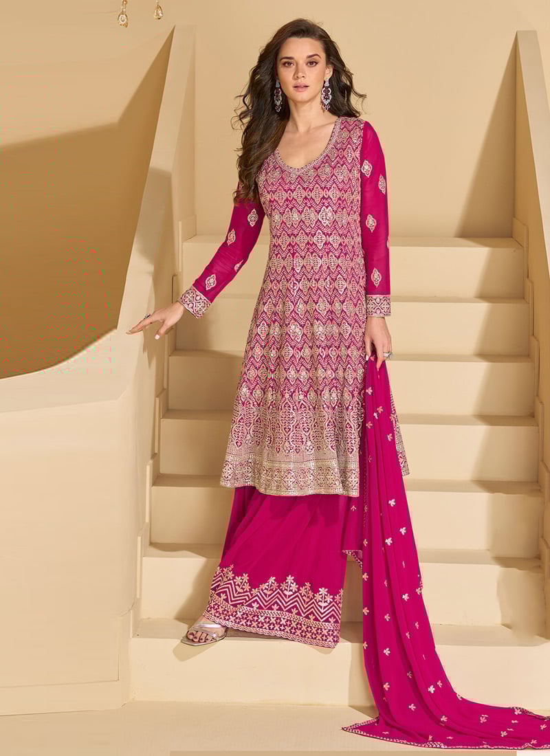 Pink Georgette Embroidered Sequins Palazzo Suit Festive Wear