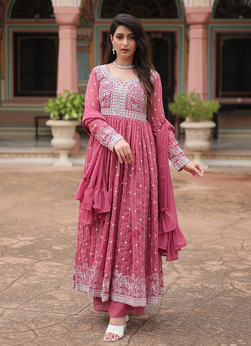Pink Georgette Embroidered Sequins Palazzo Suit Festive Wear