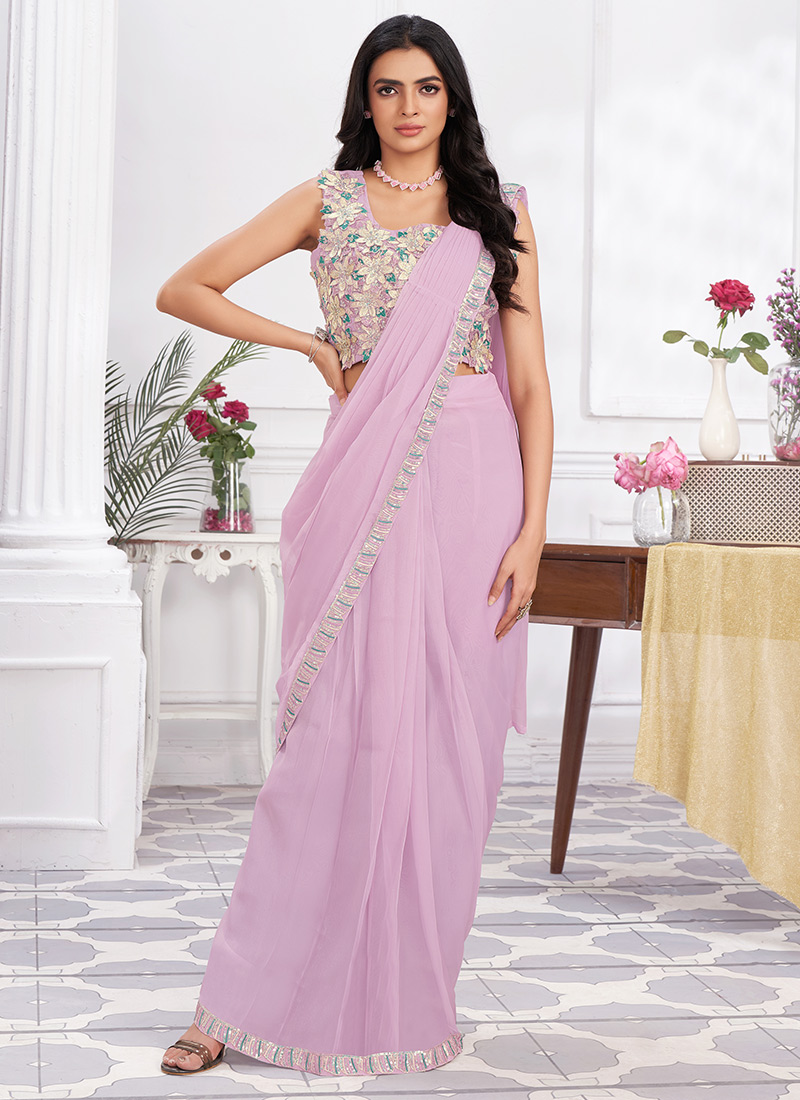 Pink Georgette Embroidered Sequins Pre Draped Classy Saree And Jacket Party Wear-SASCE2807MO