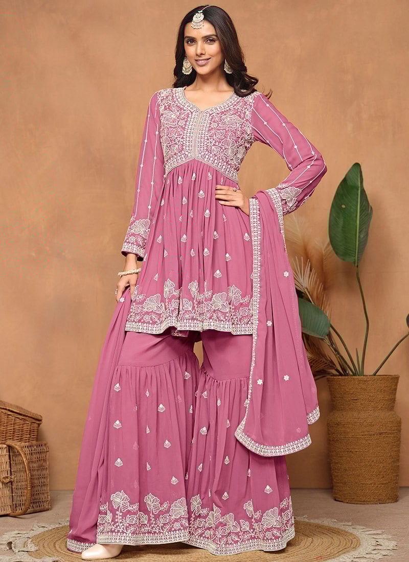 Pink Georgette Embroidered Sequins Sharara Suit Festive Wear