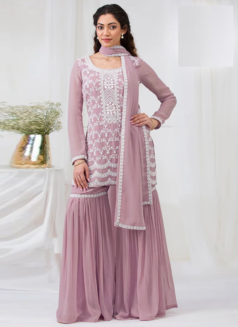 Pink Georgette Embroidered Sequins Sharara Suit Festive Wear