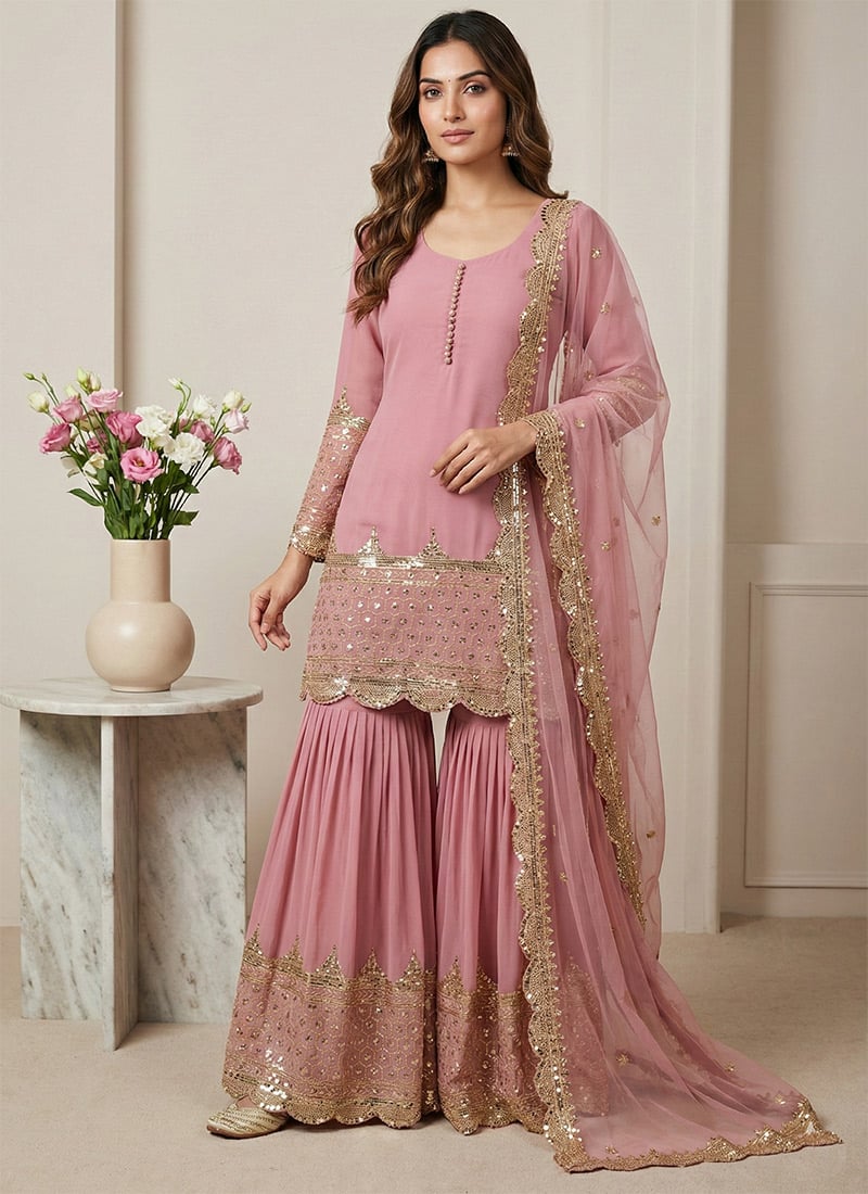Pink Georgette Embroidered Sequins Sharara Suit Festive Wear
