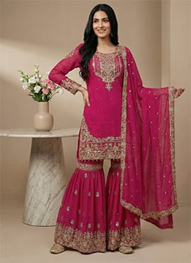 Pink Georgette Embroidered Sequins Sharara Suit