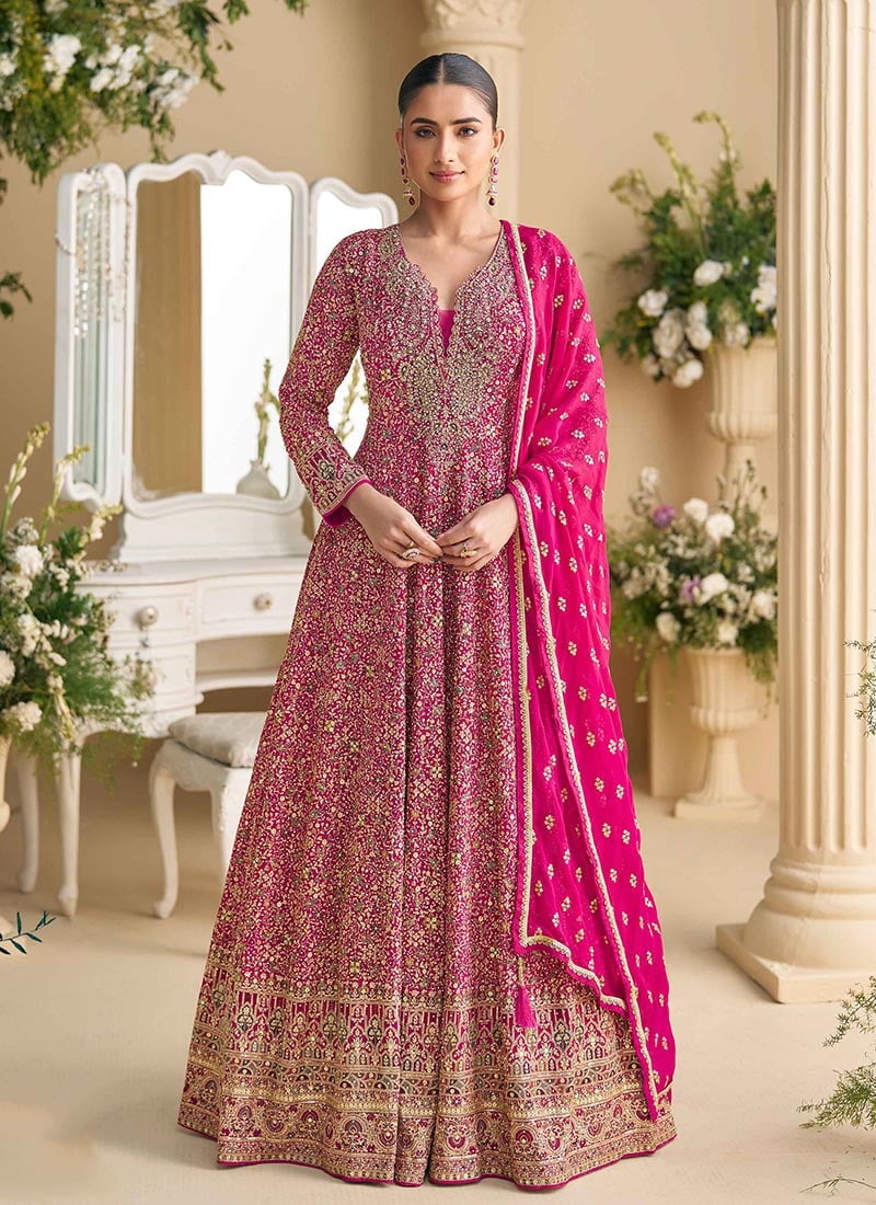 Pink Georgette Embroidered Sequins Stone And Beads Work A Line Anarkali Suit Wedding Wear