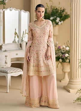 Pink Georgette Embroidered Sequins Stone Work Palazzo Suit