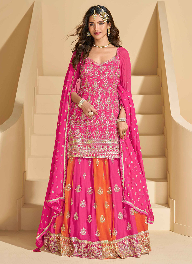 Pink Georgette Embroidered Sequins Stones A Line Long Choli Lehenga Festive Wear