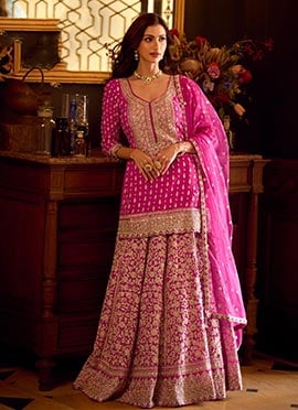 Pink Georgette Embroidered Sequins Stones Beads Mirror Work A Line Lehenga