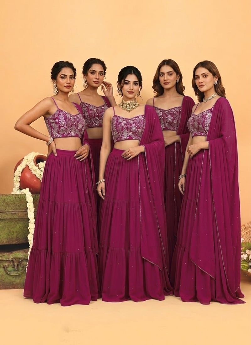 Pink Georgette Embroidered Sequins Stones Cutdana Hand Embroidery Lehenga Wedding Wear