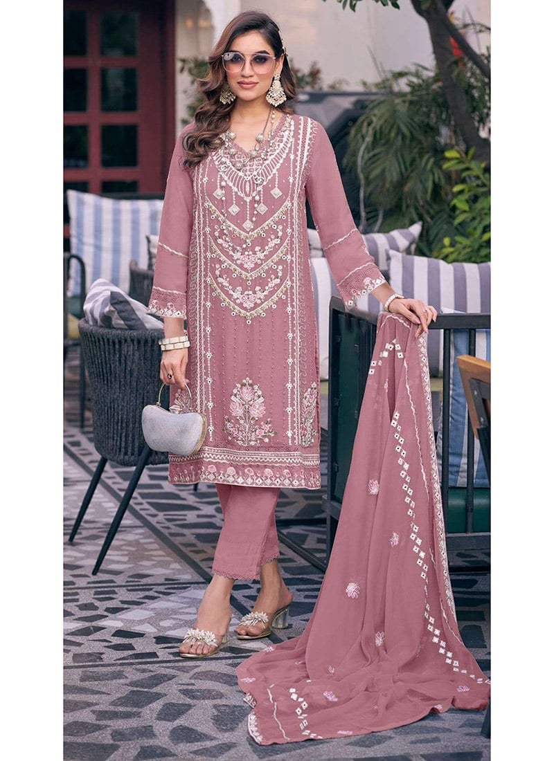 Pink Georgette Embroidered Sequins Straight Pant Suit With Dupatta Festive Wear
