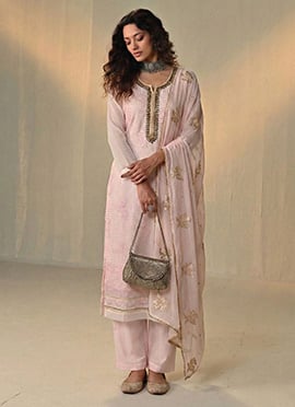 Pink Georgette Embroidered Sequins Thread Khatli Work Straight Pant Suit