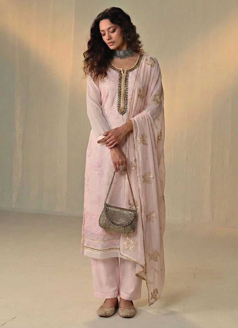 Pink Georgette Embroidered Sequins Thread Khatli Work Straight Pant Suit Festive Wear