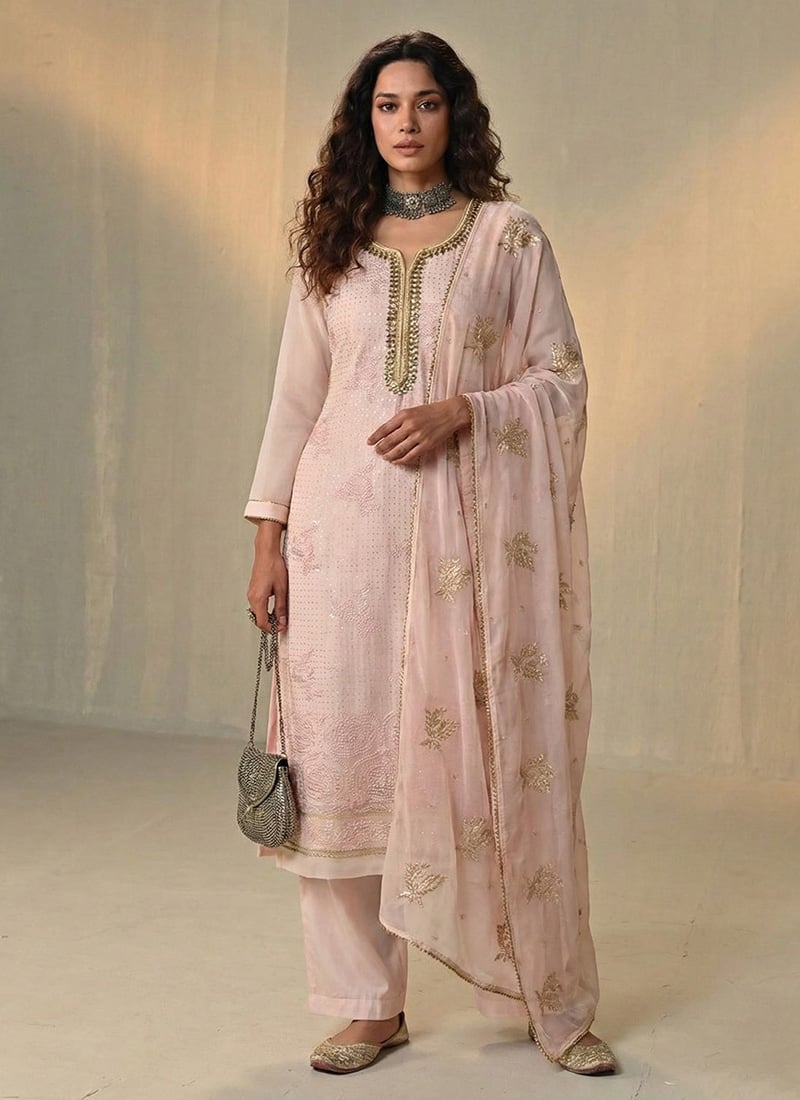Pink Georgette Embroidered Sequins Thread Khatli Work Straight Pant Suit Festive Wear