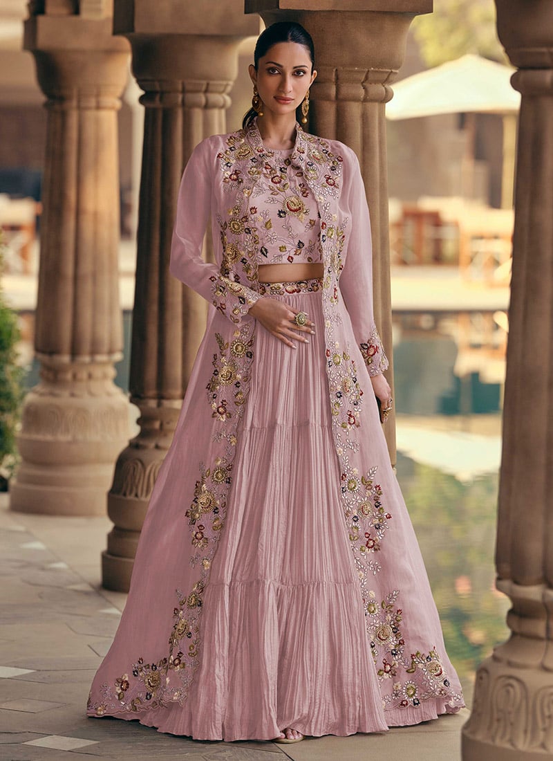 Pink Georgette Embroidered Sequins With Beads Work Indowestern Jacket Lehenga Set Wedding Wear