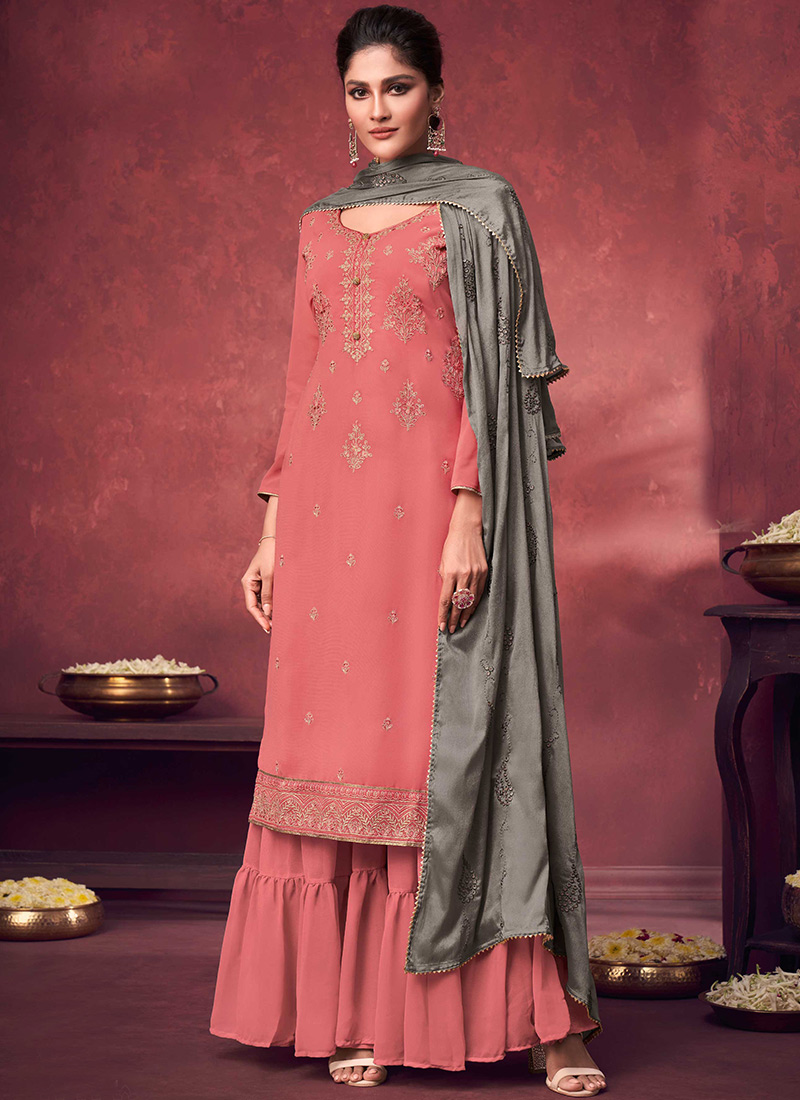 Pink Georgette Embroidered Sharara Suit 