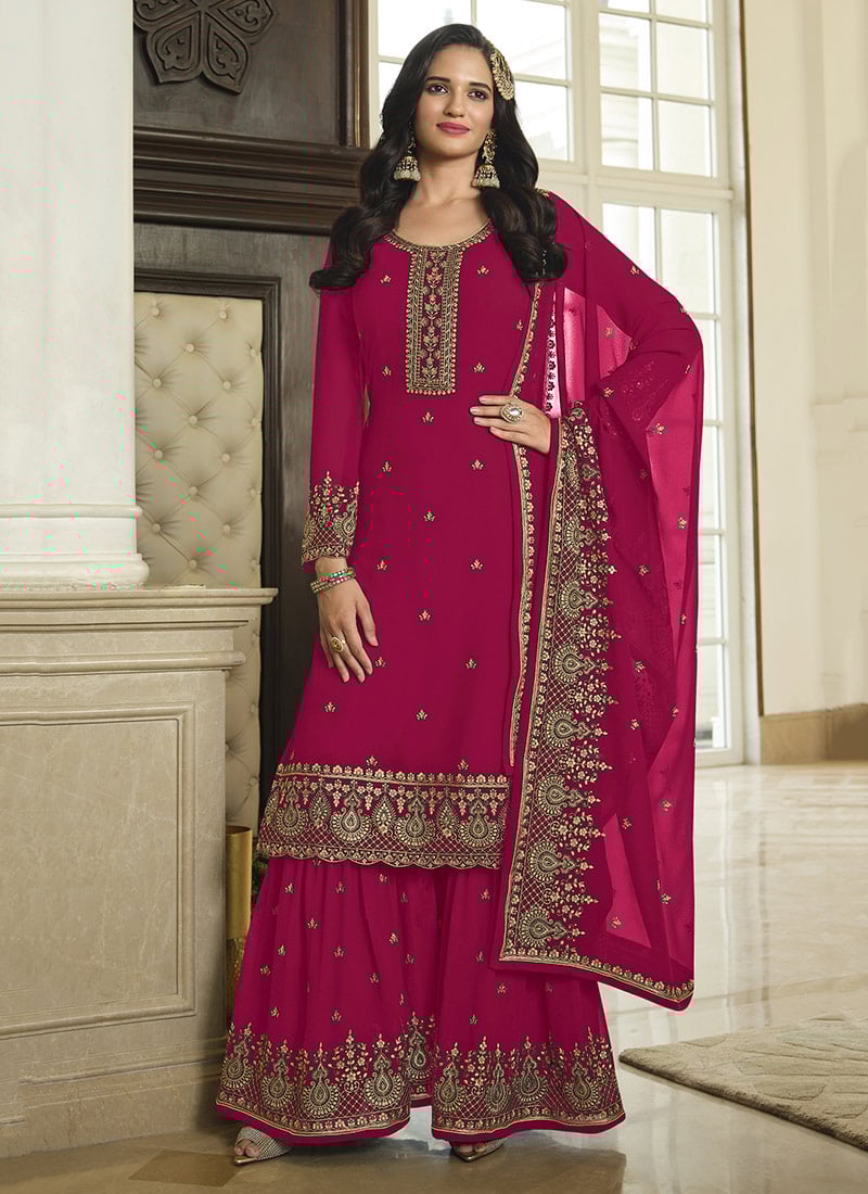 Pink Georgette Embroidered Sharara Suit Party Wear