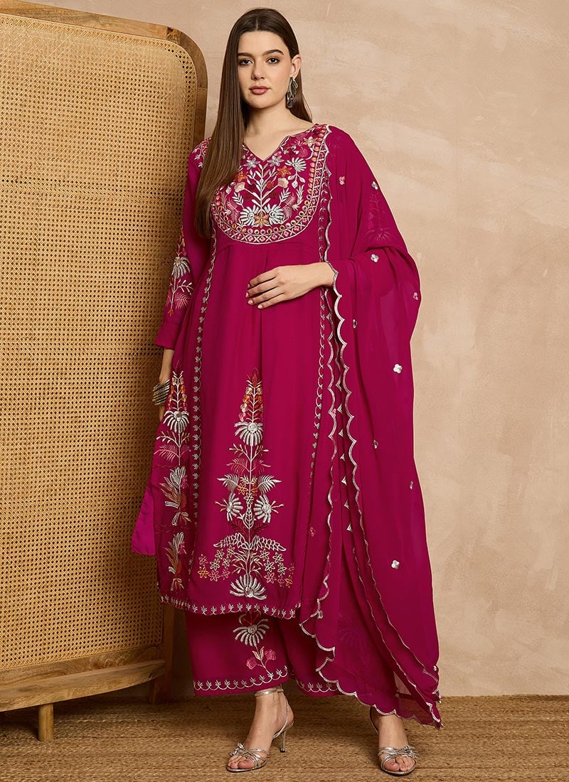 Pink Georgette Embroidered Straight Pant Suit Festive Wear