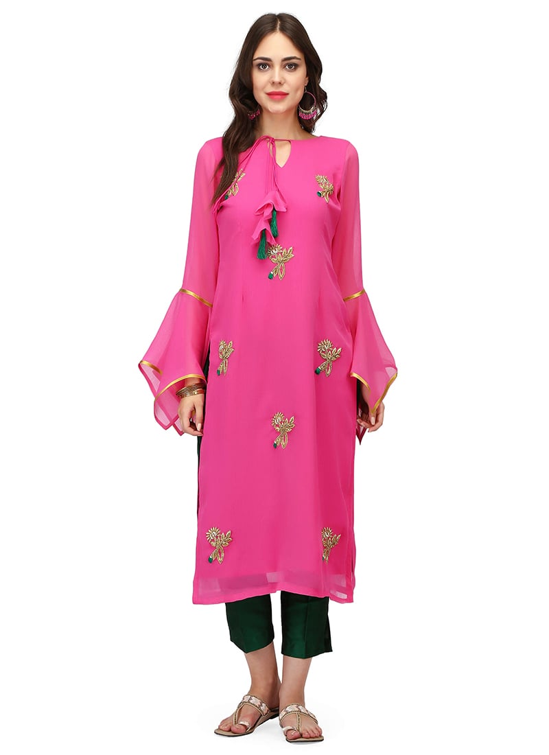 Pink Georgette Embroidery Knee Length Kurti
