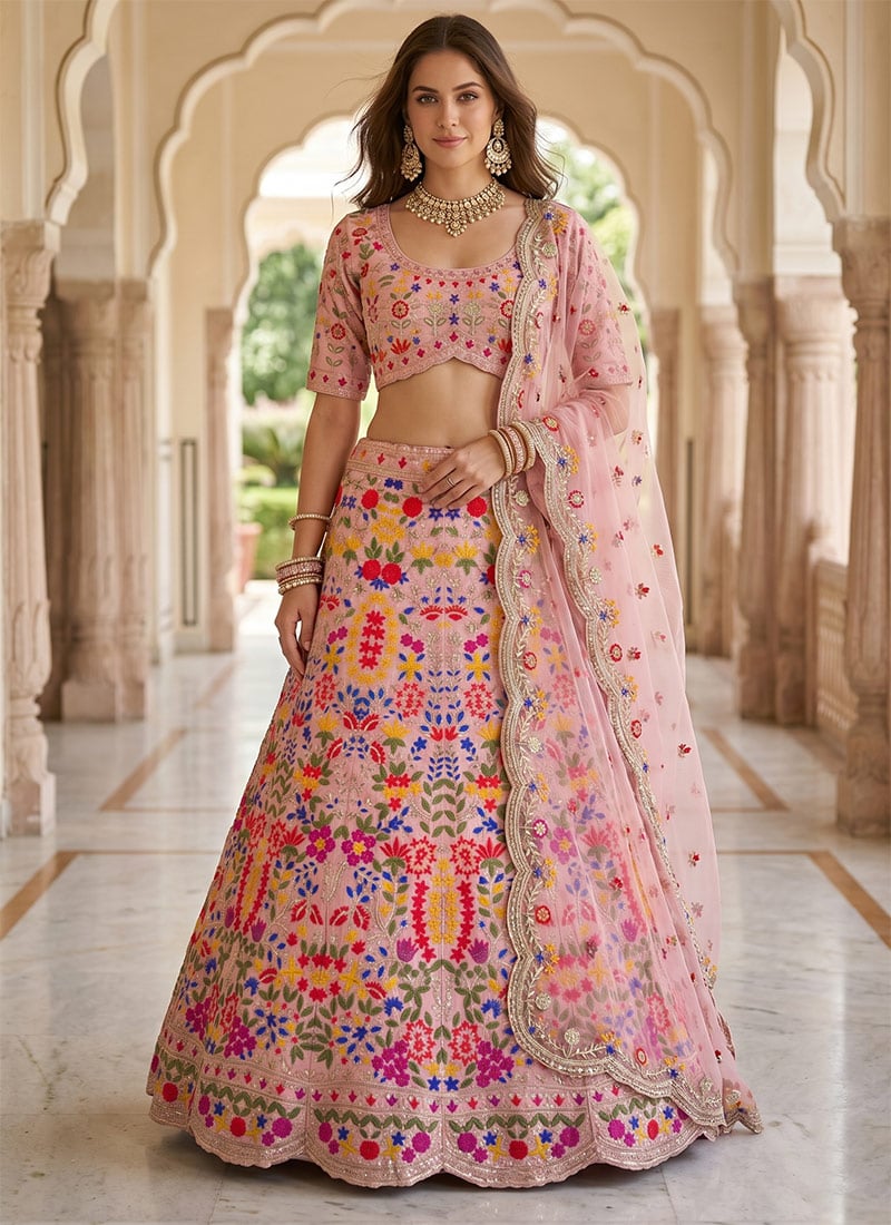 Pink Georgette Embroidery Sequins Lehenga Wedding Wear