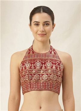 Pink Georgette Embroidery Stretchabl Halter Blouse
