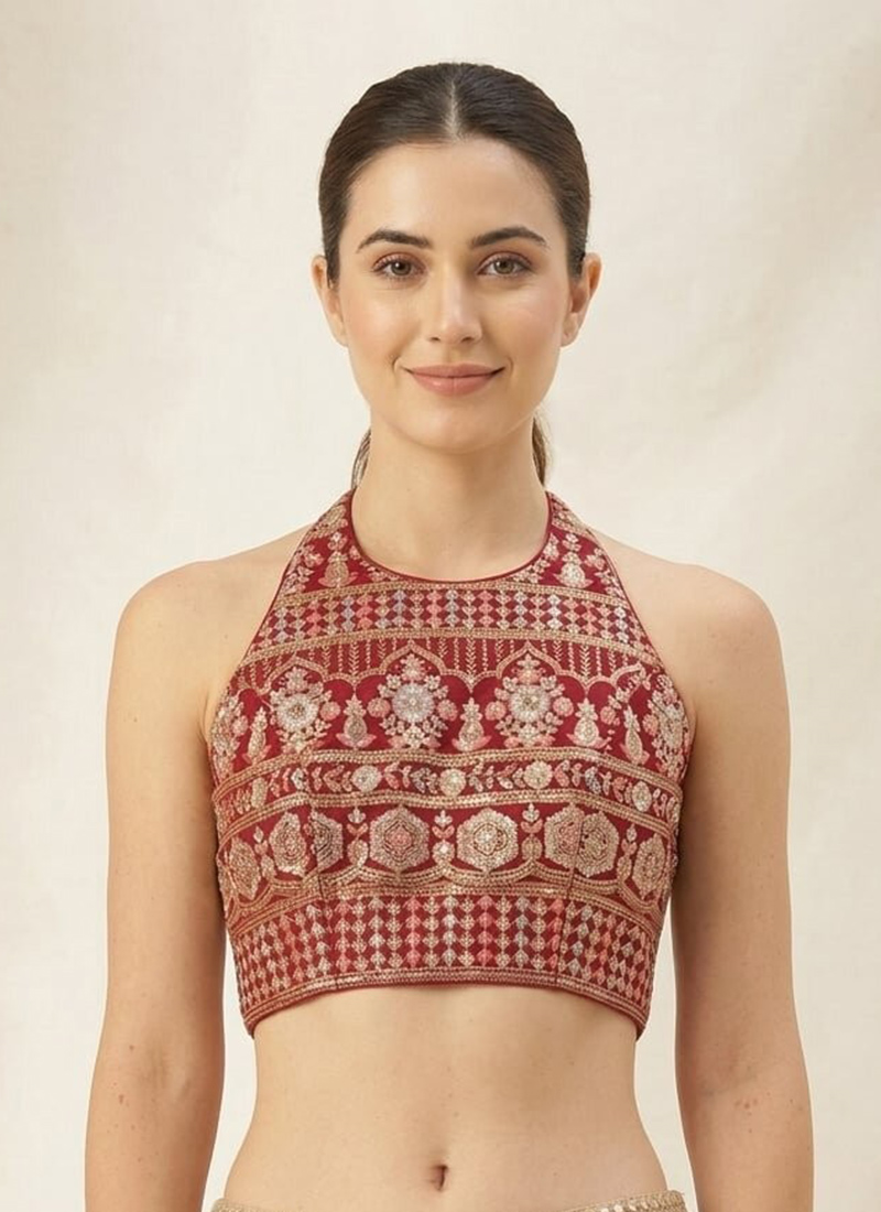 Pink Georgette Embroidery Stretchabl Halter Blouse Party Wear