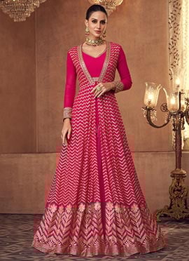 Pink Georgette Embroidery Umbrella Lehenga