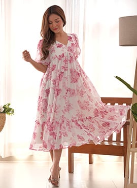 Pink Georgette Fit And Flare Dress With Floral Print