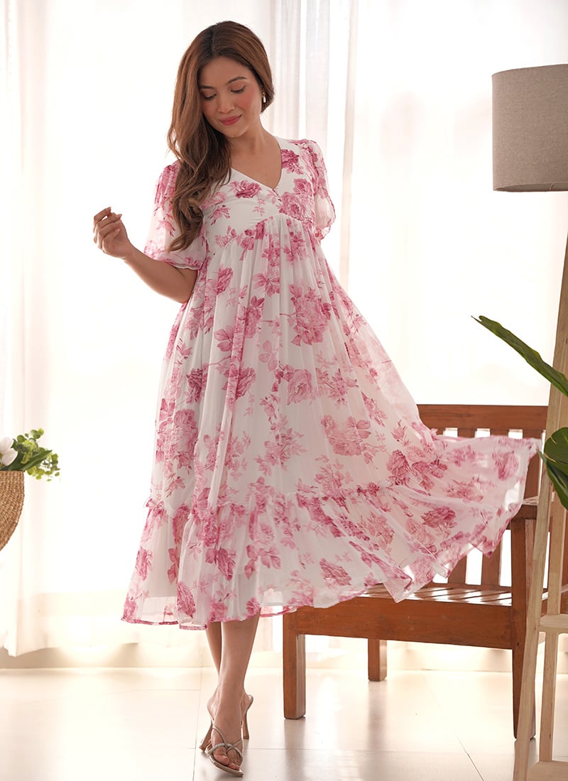Pink Georgette Fit And Flare Dress With Floral Print After Six Wear