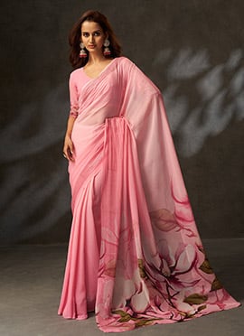 Pink Georgette Floral Digital Print Saree