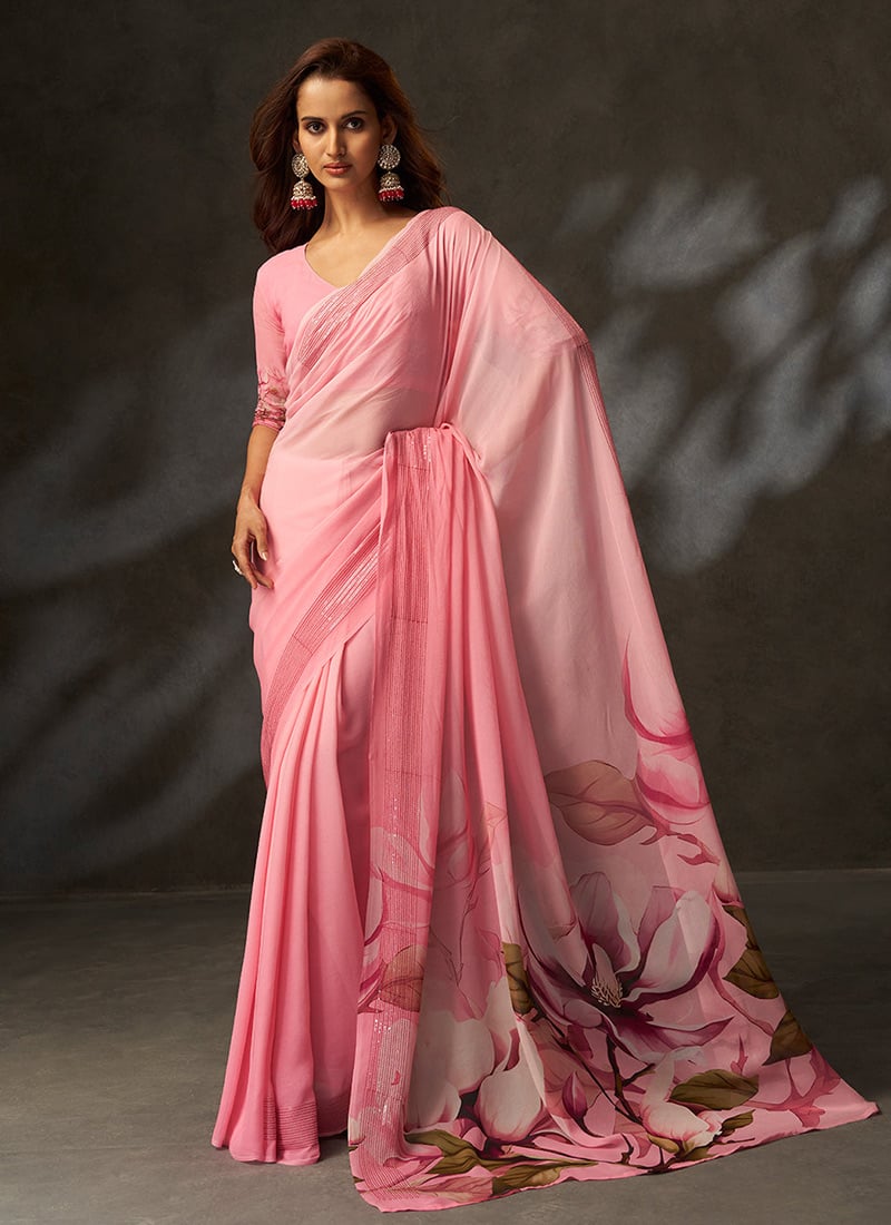 Pink Georgette Floral Digital Print Saree Leisure Wear