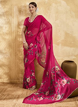 Pink Georgette Floral Printed Saree