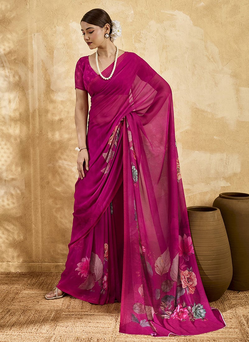 Pink Georgette Floral Printed Saree After Six Wear