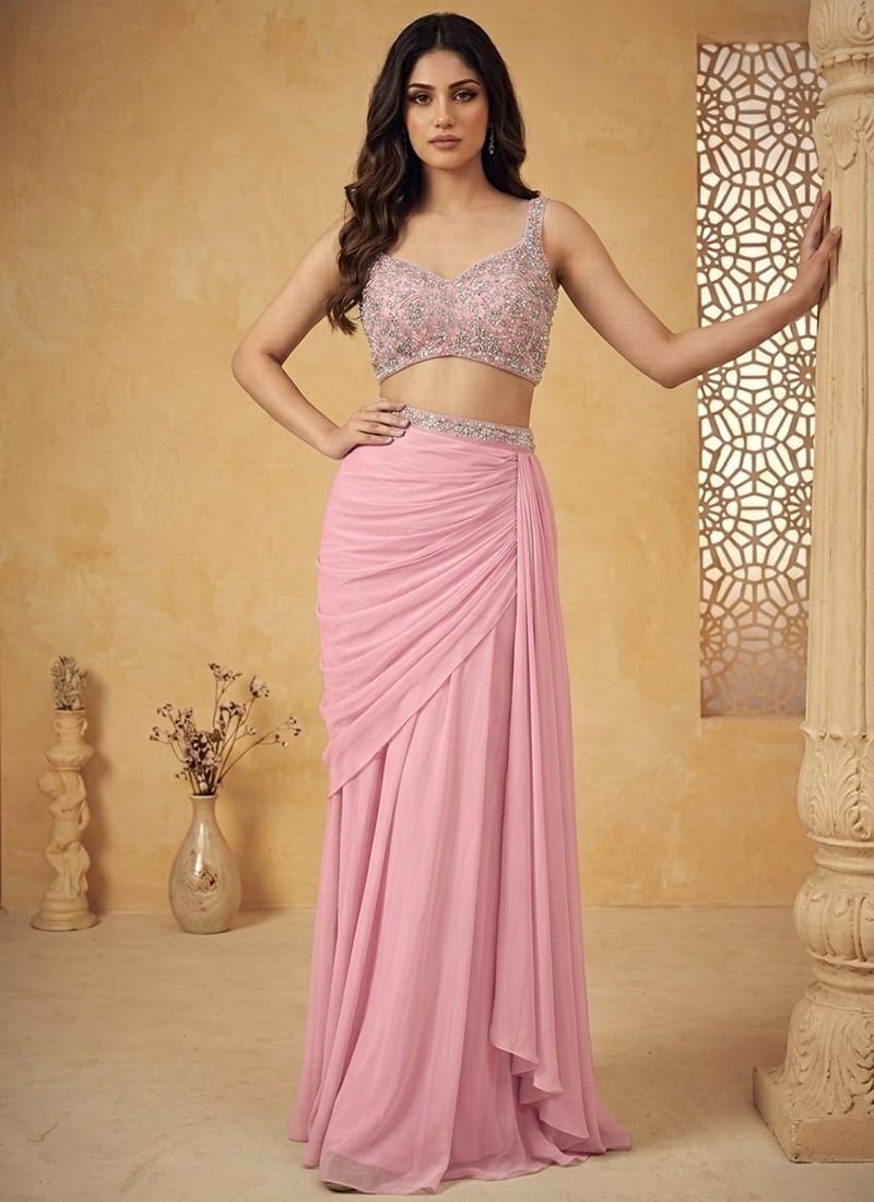 Pink Georgette Hand Embroidered Cut Dana Beads And Stones Indowestern Skirt Set Wedding Wear