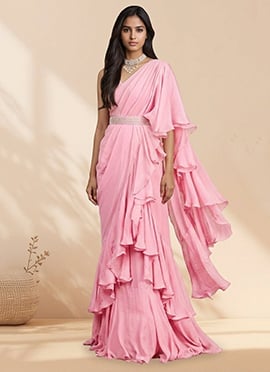 Pink Georgette Hand Embroidered Pre Draped Saree