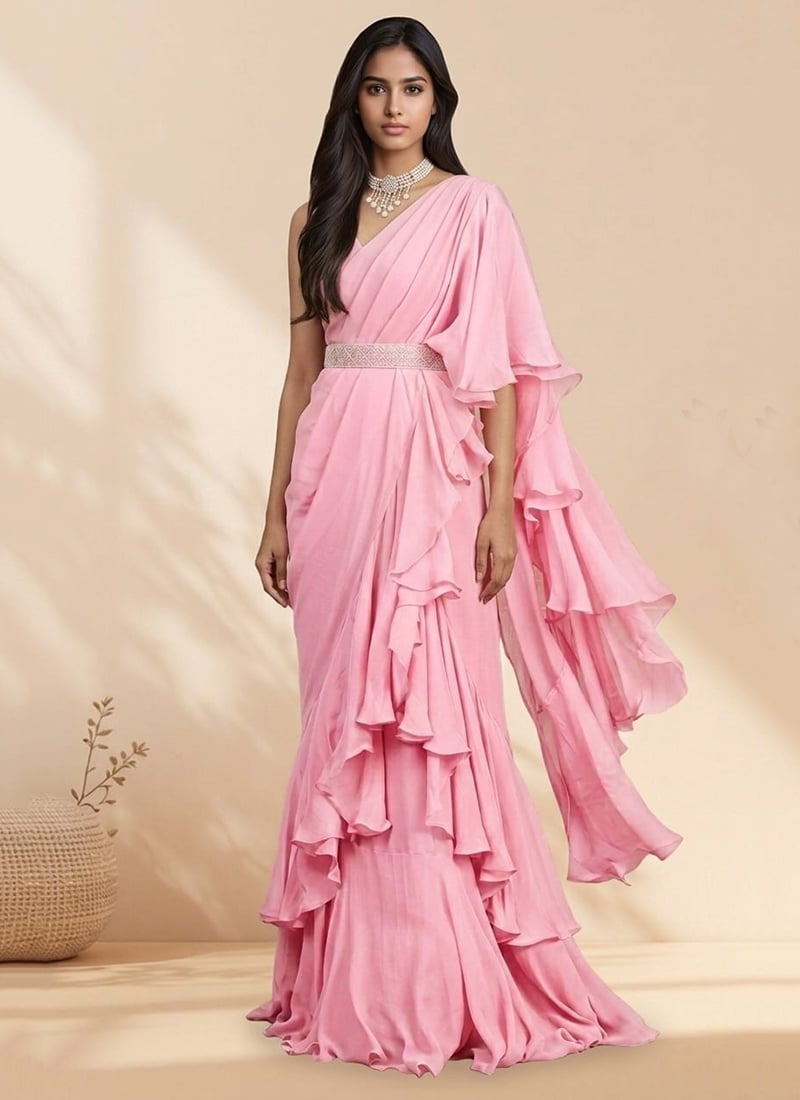 Pink Georgette Hand Embroidered Pre Draped Saree Wedding Wear