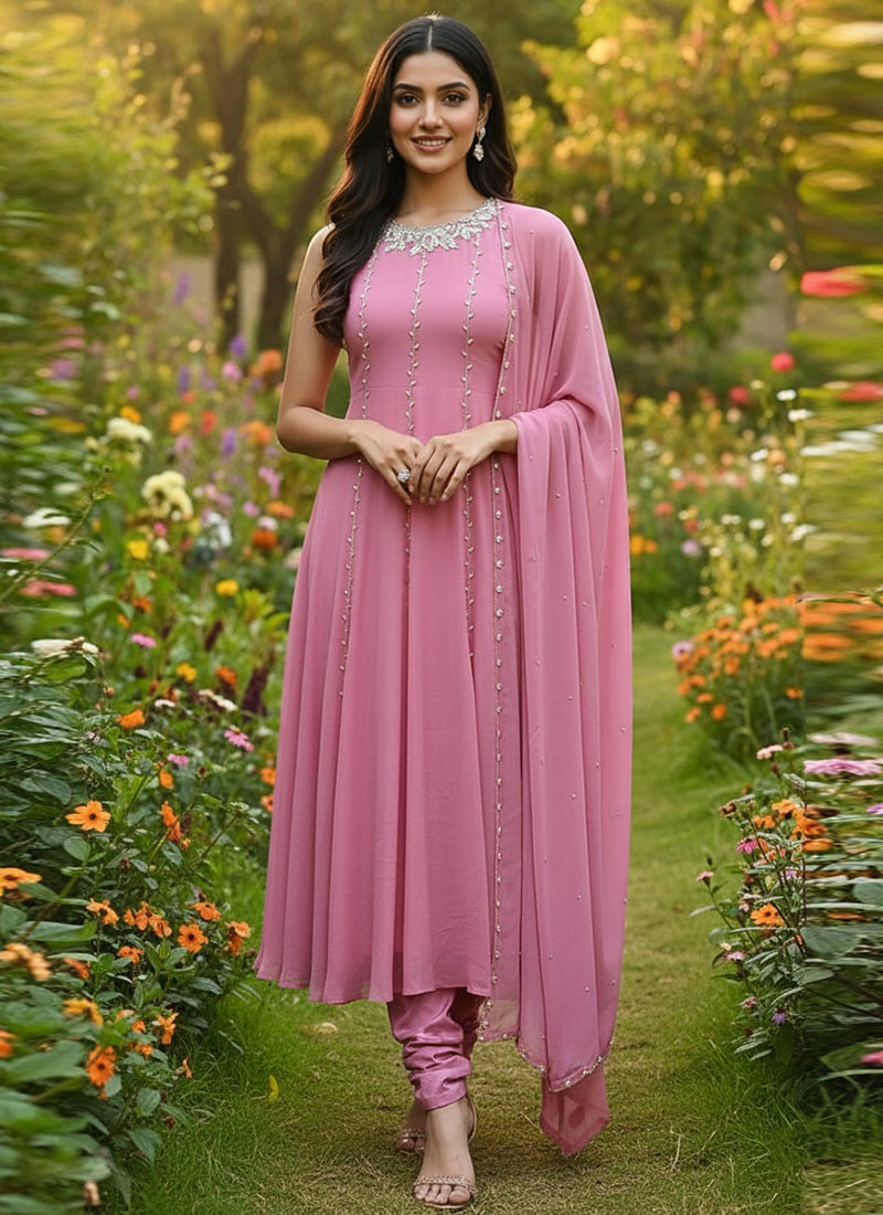 Pink Georgette Hand Embroidered Sequins Churidar Suit  Festive Wear