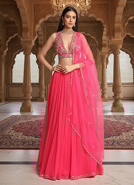 Pink Georgette Hand Embroidered Sequins Lehenga