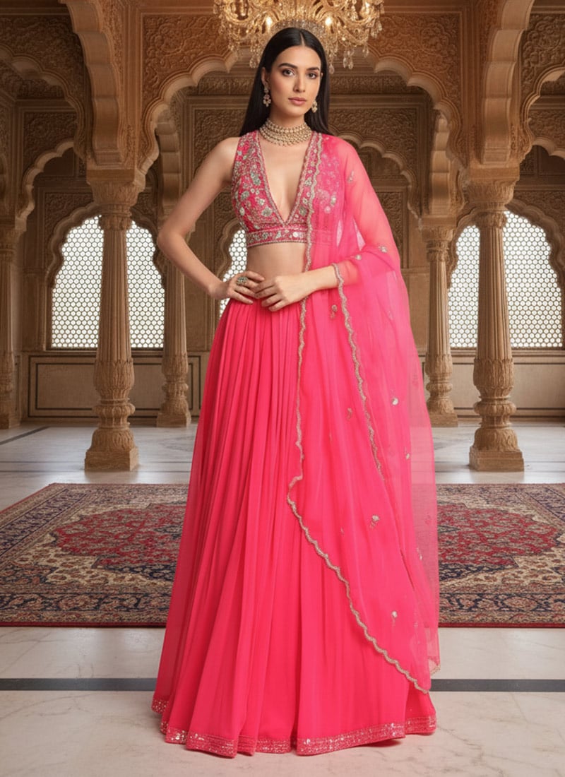 Pink Georgette Hand Embroidered Sequins Lehenga