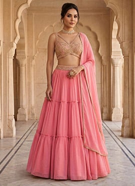 Pink Georgette Hand Embroidered Sequins Lehenga
