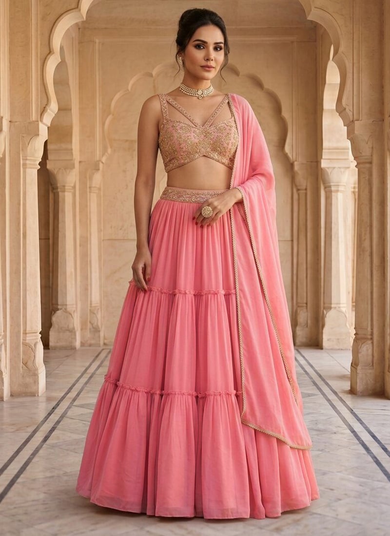 Pink Georgette Hand Embroidered Sequins Lehenga Wedding Wear