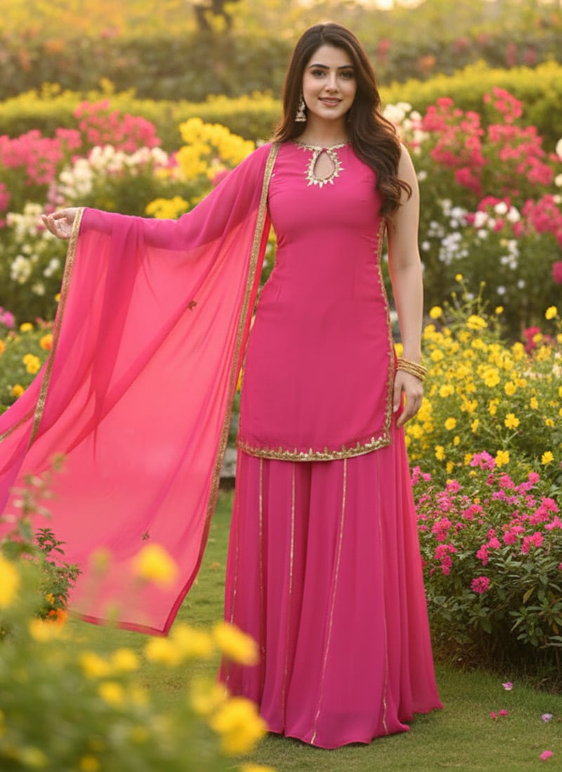 Pink Georgette Hand Embroidered Sequins Palazzo Suit  Festive Wear