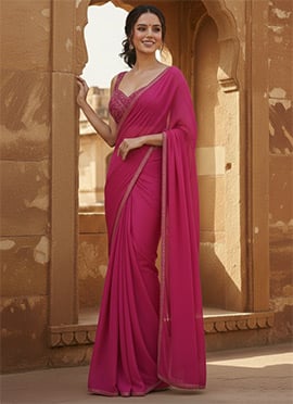 Pink Georgette Hand Embroidered Sequins Saree