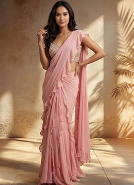 Pink Georgette Hand Embroidered Sequins With Beads And Stone Work Pre Draped Saree