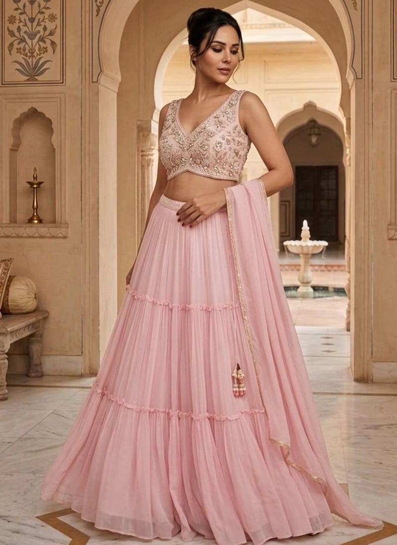 Pink Georgette Hand Embroidered Sequins With Stone Work Lehenga Wedding Wear