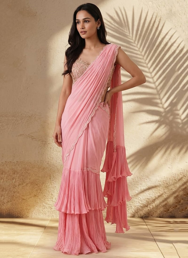 Pink Georgette Hand Embroidered Stone Work Pre Draped Saree Wedding Wear