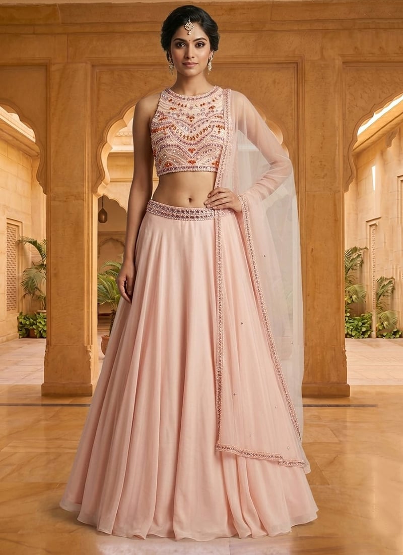 Pink Georgette Hand Embroidered With Beads And Stone Work Lehenga Wedding Wear
